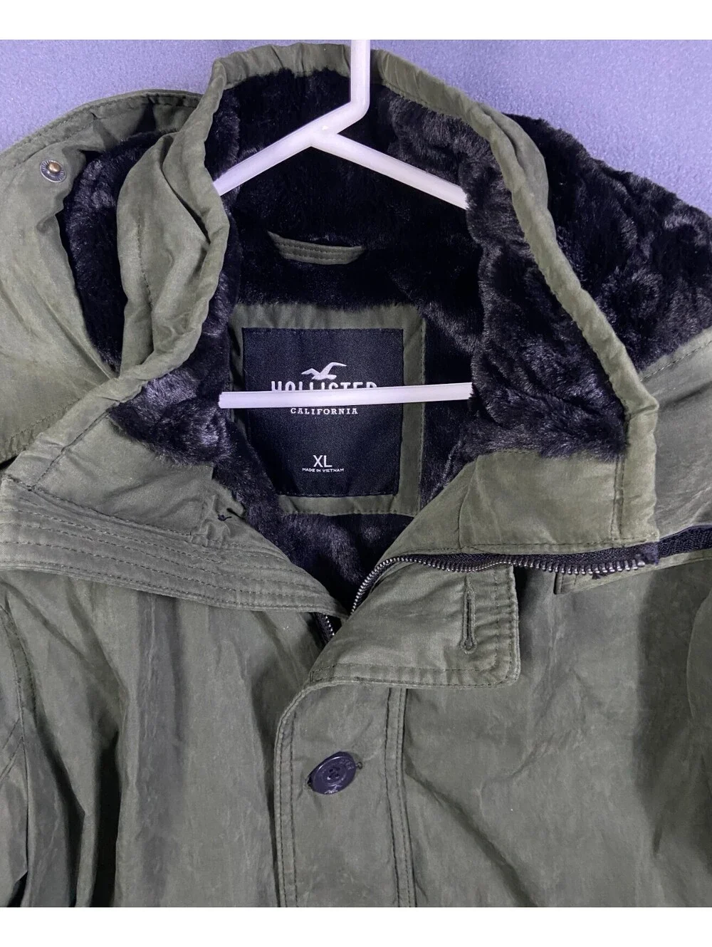 HOLLISTER LINED PARKA JACKET COAT OLIVE GREEN MENS SIZE XL NO FUR HOOD ACCENT